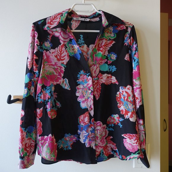 Zara black pink floral blouse shirt top S SM Small - Picture 5 of 16
